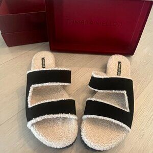 Tamara Mellon Black Suede Shearling Lined Roam Slide Sandals